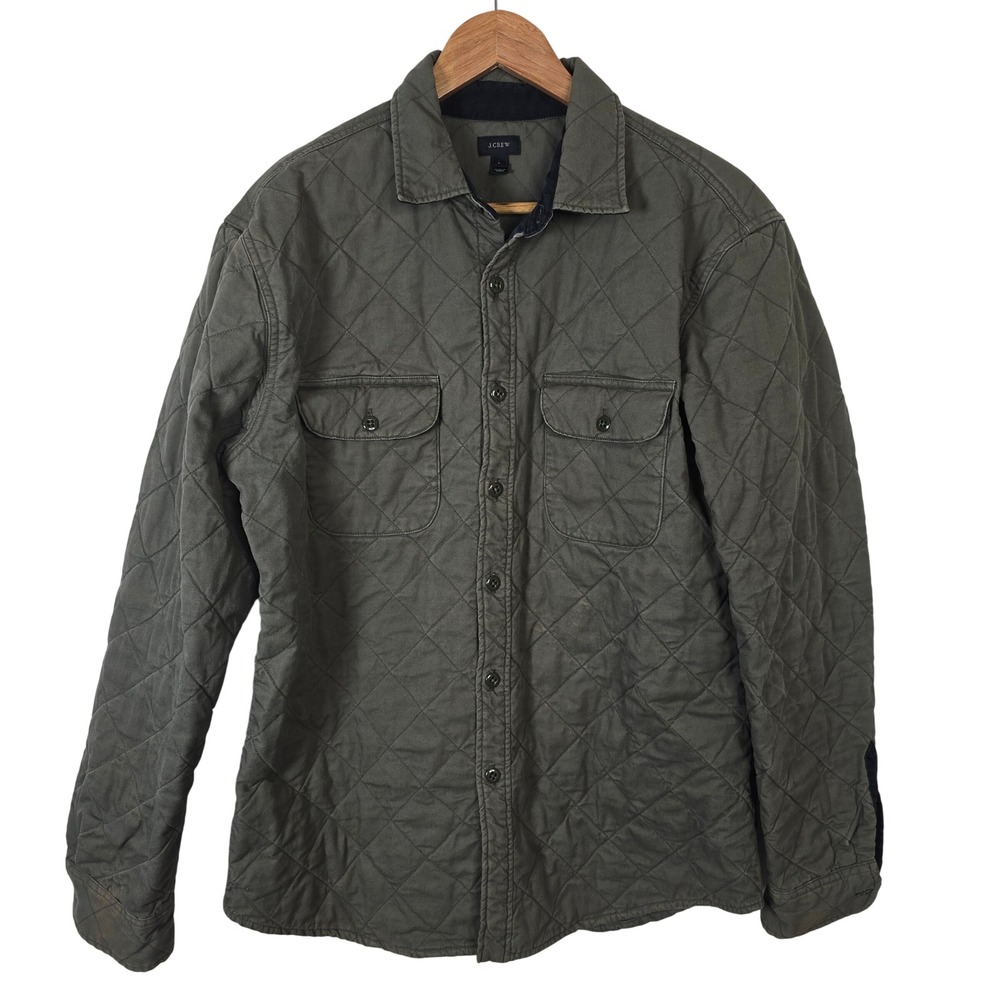 J.Crew Mens Olive Green Diamond Quilted Cotton Shirt Jacket Shacket Size L‎